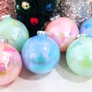 6 Pastel Iridescent Christmas Ornament Balls - Bakery Candyland Pink Blue